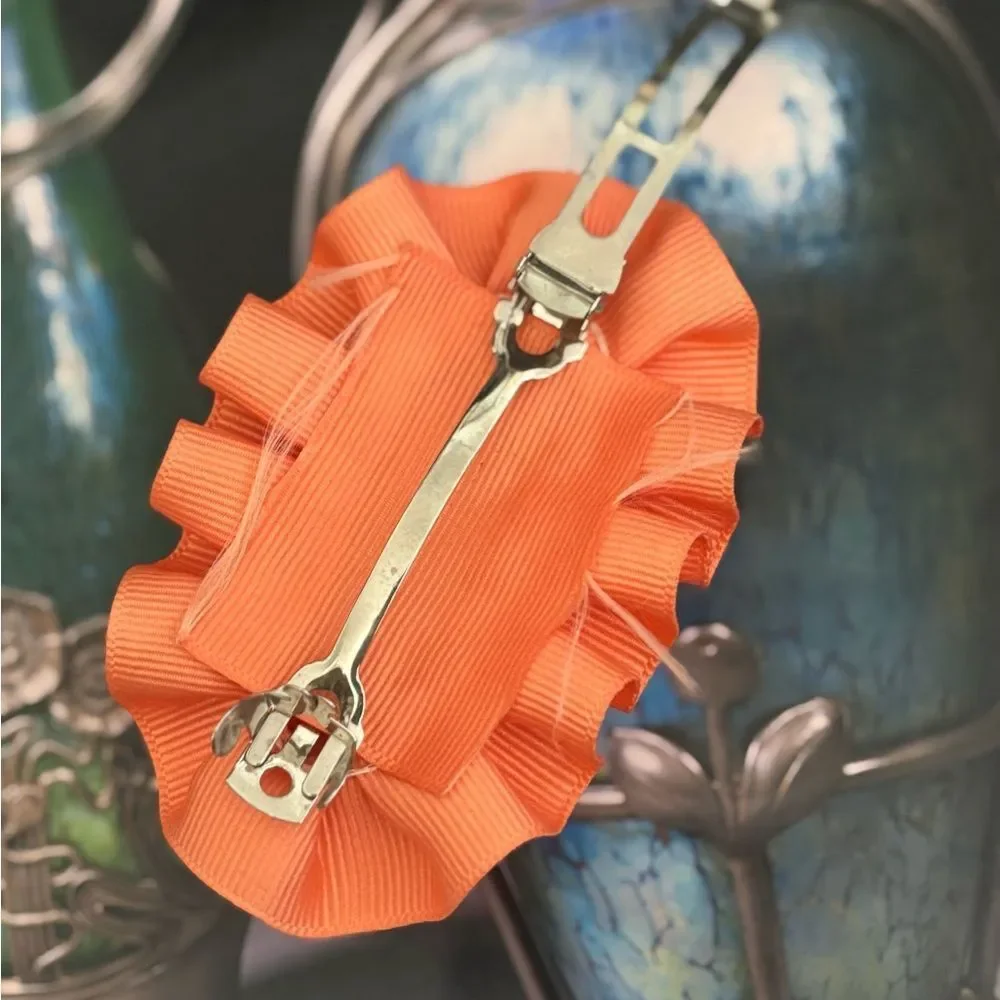Vintage Hair Accessory Clip Barrette Orange Ruffle Ribbon 1980s 1990s